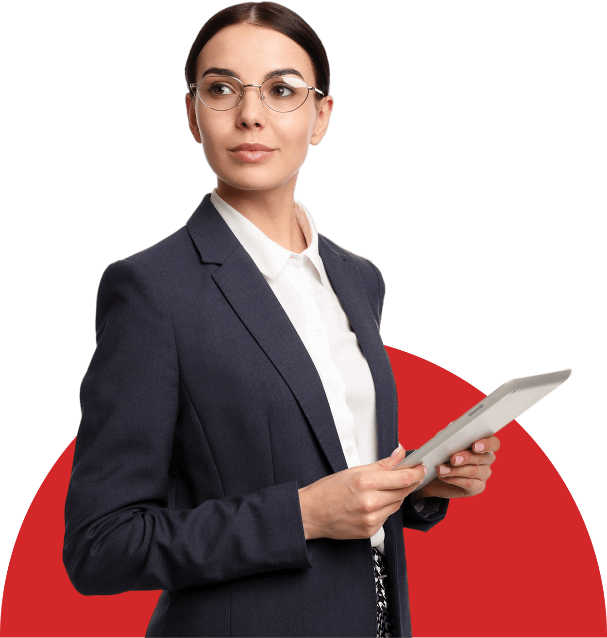 Professional woman in glasses holding a tablet, dressed in formal business attire.