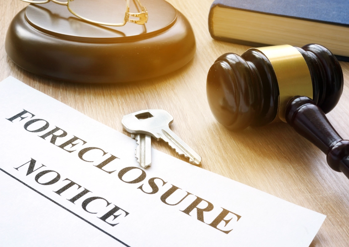 Foreclosure notice with keys and gavel.